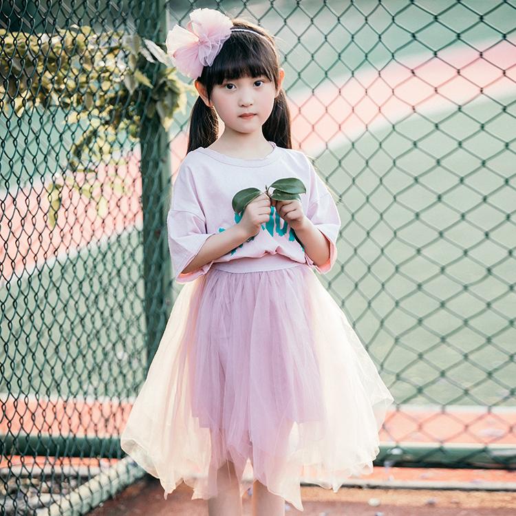夏季新款儿童短袖t恤网纱裙5/6/7/8岁可爱五分袖小女孩中小童套装