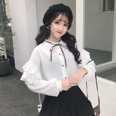 Winter Women New Korean Striped Ruffle Long Sleeve Shirt Loose Thin Ribbon Bow Top Girls Student Tide