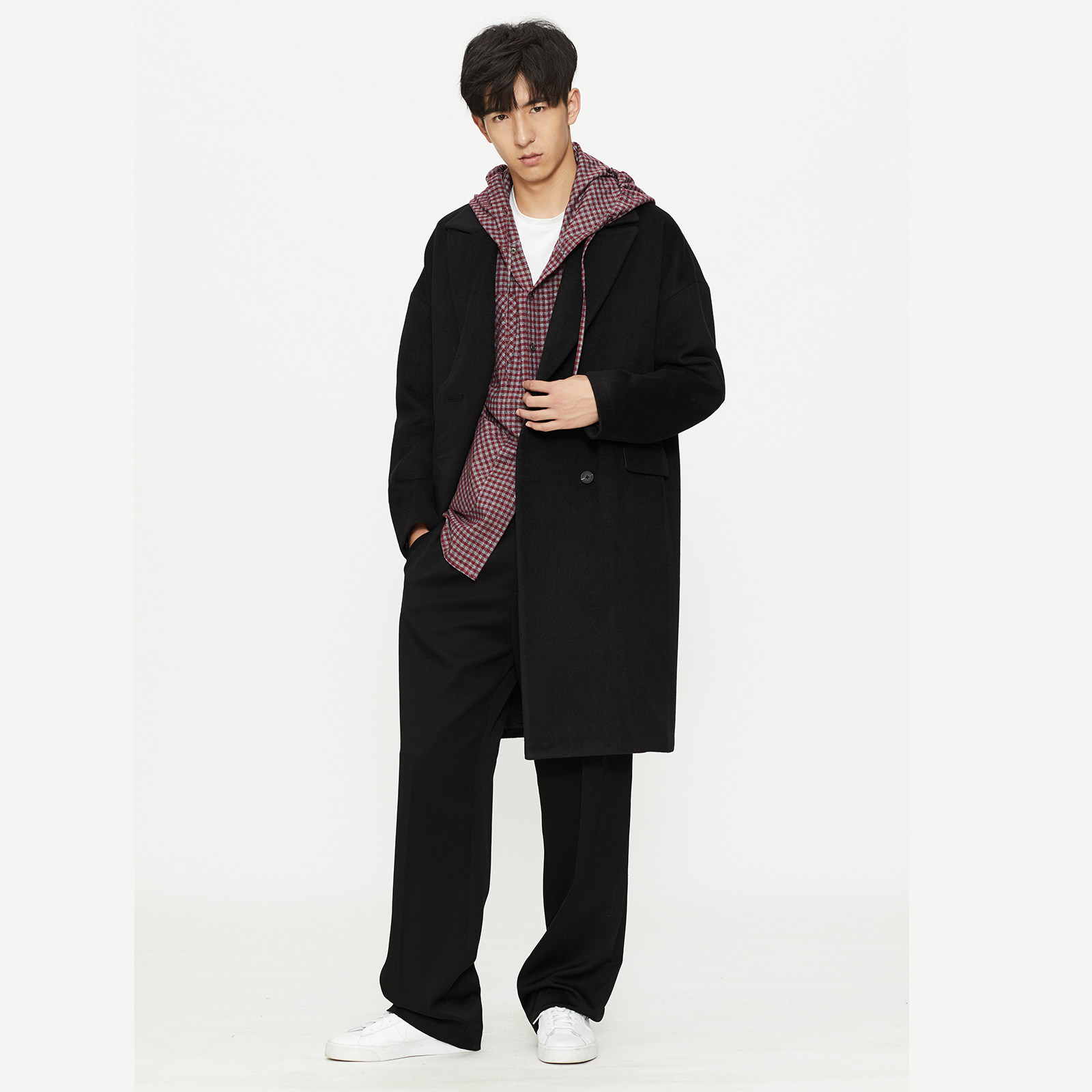 muzedustudio法兰绒红色格纹连帽衬衣_7折现价379元