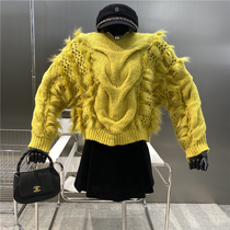 Loose outer wear lazy wind high-grade hollow twist knit stitching Mahai plush short loose sweater coat