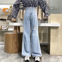 Personality net red hole wide leg jeans side bar high waist slim light blue loose Torre pants mop pants