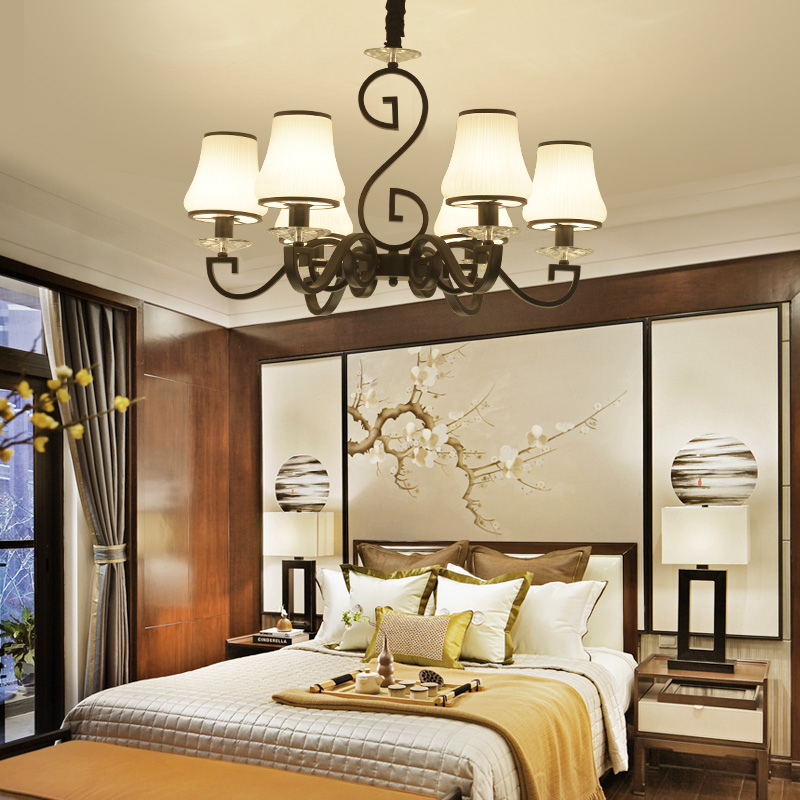 新中式吊灯布艺简约小吊灯餐厅卧室书房中国风古典复古带射灯_7折现价