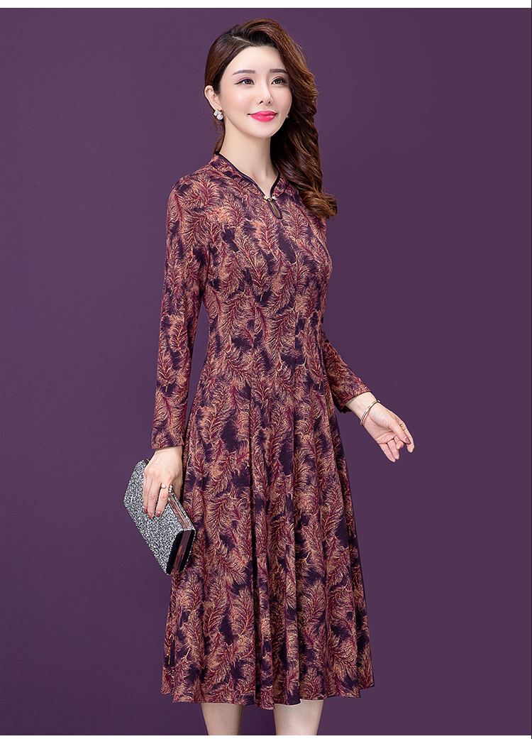 秋季新款收腰显瘦气质印花洋气中年妈妈装高贵长袖连衣裙女_风云谷