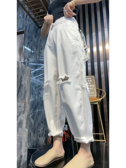 Pear-shaped body pants large size white ripped harem jeans women's fat mm loose and slimming nine-point dad pants
Pear-shaped body pants large size white ripped harem jeans women's fat mm loose and slimming nine-point dad pants