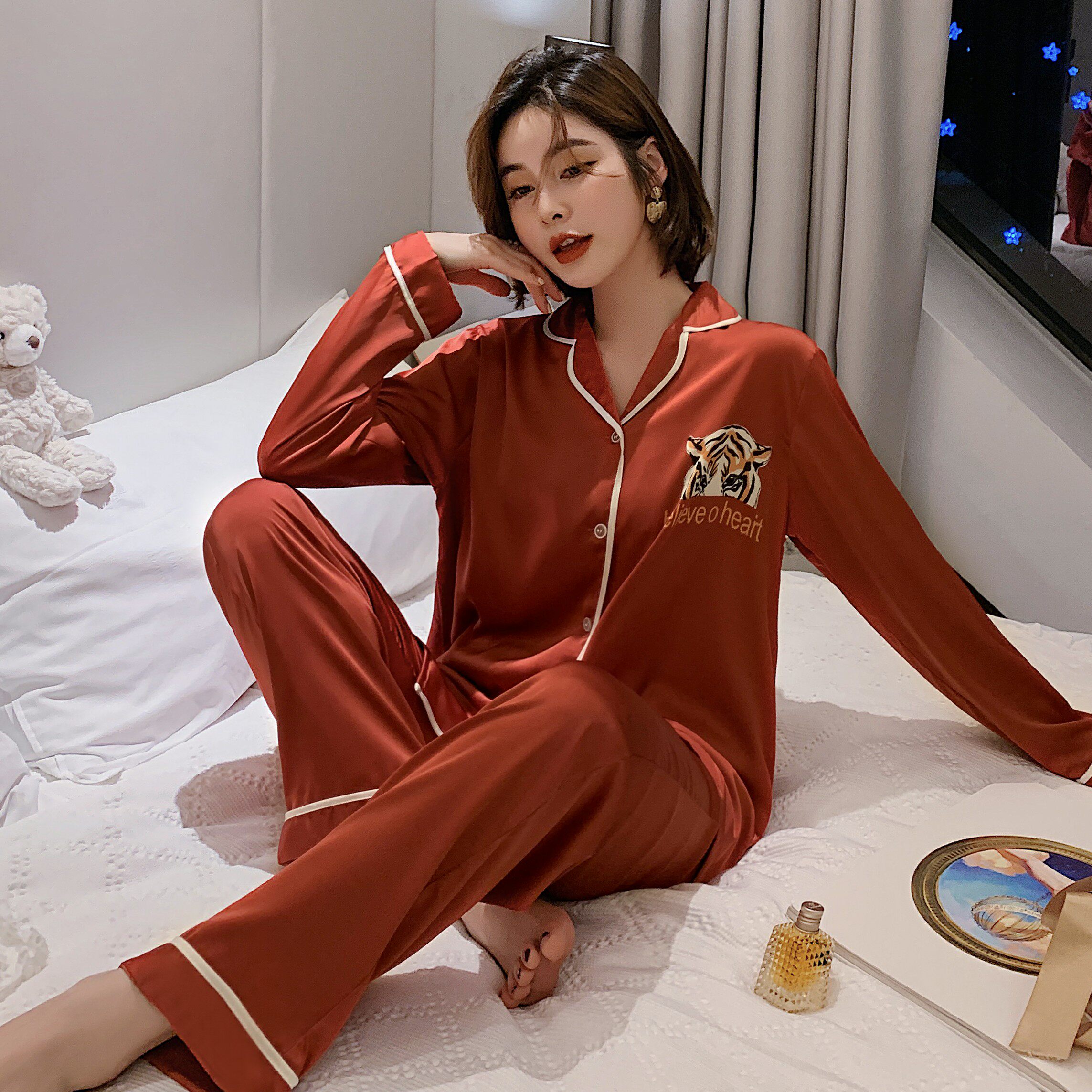 冰雪丝睡衣女春秋长袖裤薄款两件套可爱韩版丝绸少女可外穿家居服