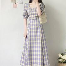 French niche square collar plaid short sleeve dress female 2021 New temperament thin long spring