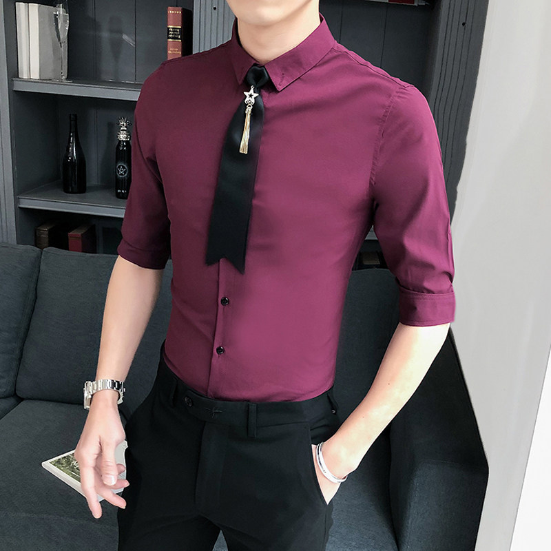 b302 p45 2020新潮夏装男士中袖衬衫领带衬衣送领带 店主风