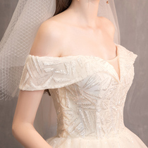 Champagne Sen line shoulder wedding dress 2021 spring new French bride Super fairy buling Net red female