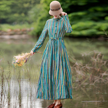 (Snap up 229)Yingru ethnic style striped dress womens autumn and winter new long linen autumn long dress