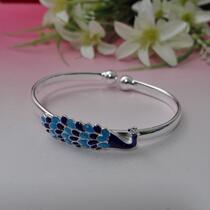 Blue Peacock silver 999 open Bracelet fresh literary girl bracelet glue pair enamel cloisonne craft