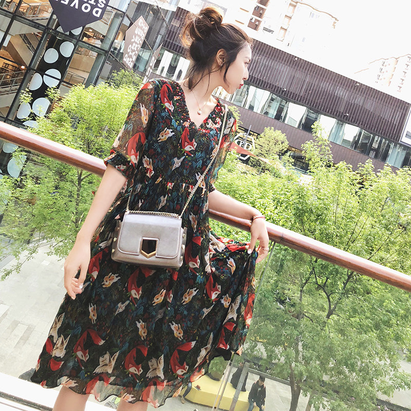 upraise 春夏新品女装浪漫春日v领印花真丝连衣裙 a1l90