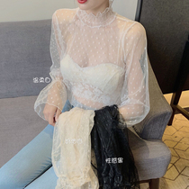 2021 New Korean version of stand collar net gauze base shirt loose wave point trumpet sleeve shirt female summer temperament lace shirt