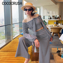 COCOCRUSH Summer New Stripe Casual Fashion Suit Womens Shoulder Blouse Jacket Casual Pants Two Pieces