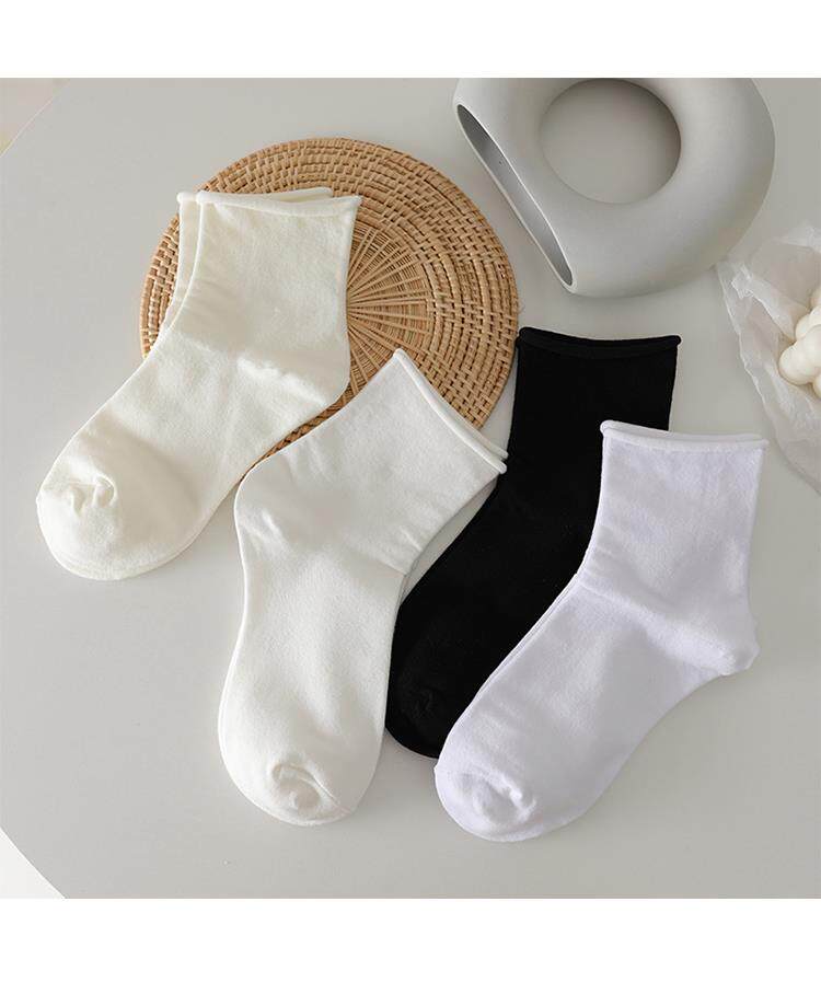 白色卷边袜子女百搭韩版中筒袜夏季薄款ins潮白色学生日系长筒袜