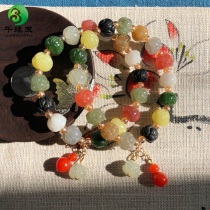 Natural Hetian jade treasure bracelet hand string Hetian sugar jade White Jade yellow mouth south red lotus flower bead treasure hand string