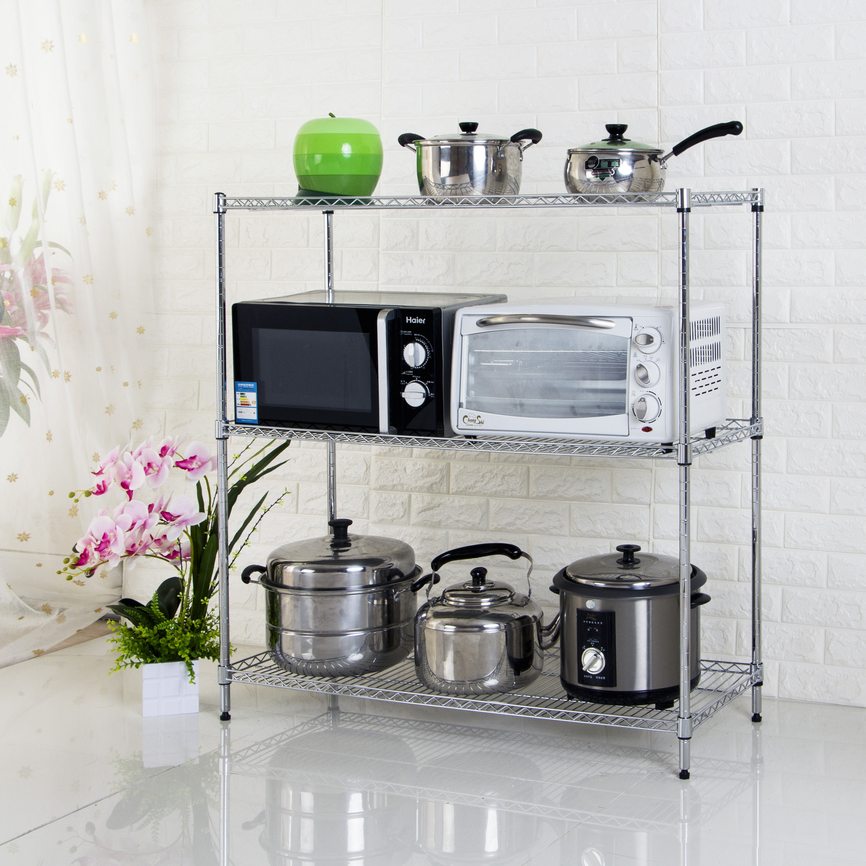 厨房三层置物架微波炉架烤箱架金属架锅架3层不锈钢色收纳整理架