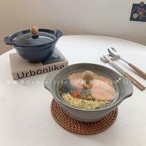 ins Korean style Cute ceramic double ear pot with lid instant bowl snail powder large capacity chicken soup bowl high temperature