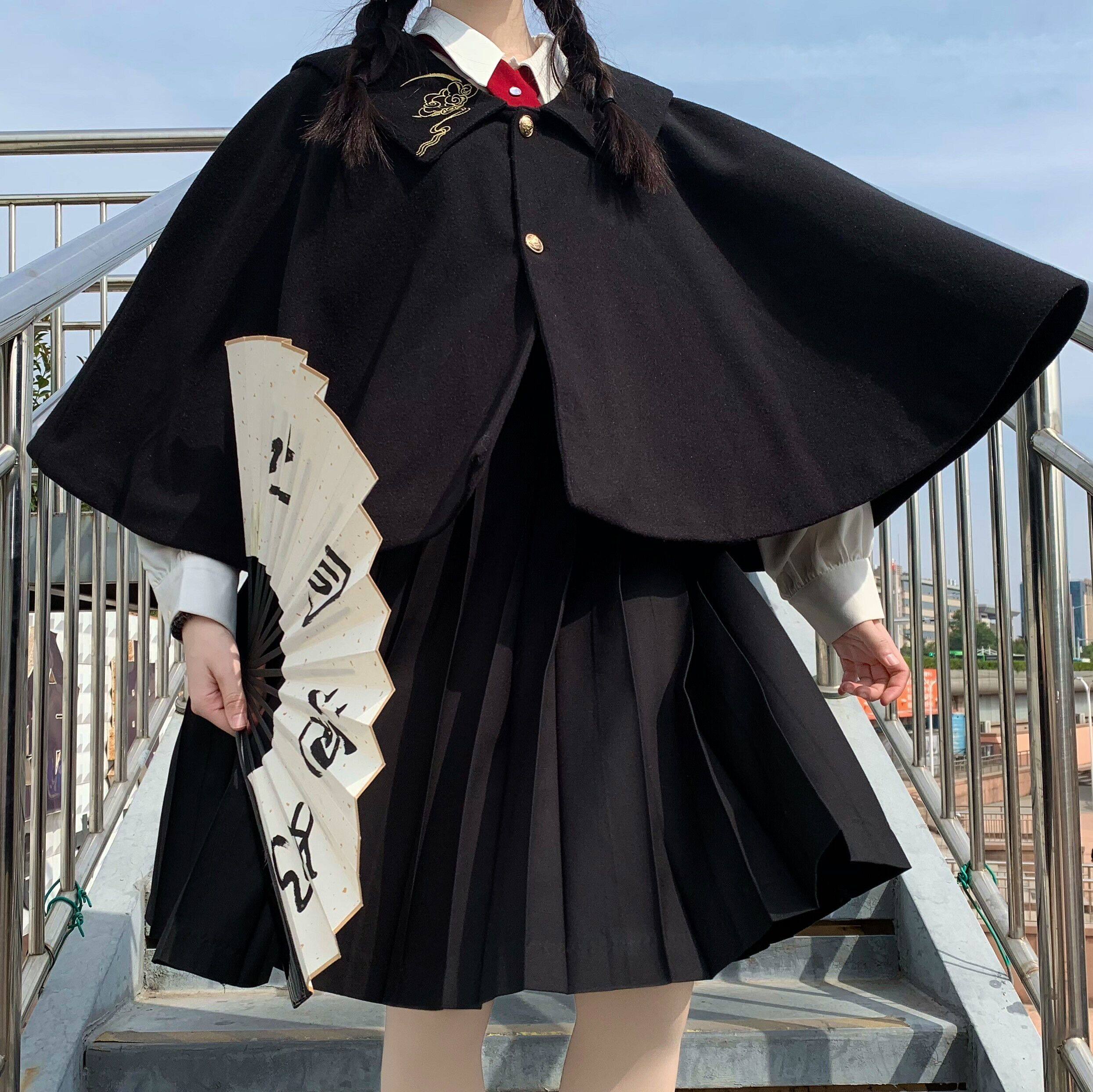 日出森林加厚呢子海军领外套小披风冬天日系jk制服套装搭配格群