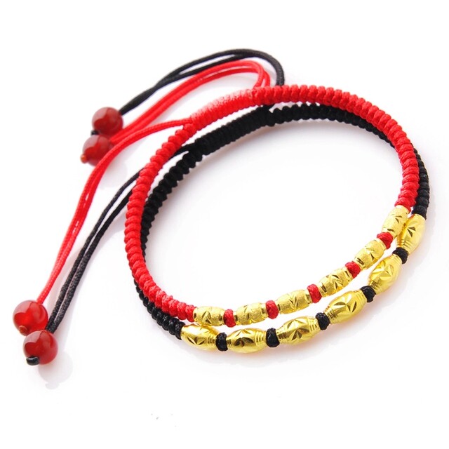 zodiac ປີເຊືອກສີແດງ 24K pure gold transfer bead anklet gold bead red rope handmade anklet couple men and women handwoven