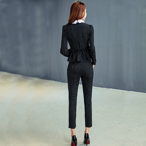 Lotus Leaf Edge Turn-collar Stripe Top + Trousers Two-piece Suit 