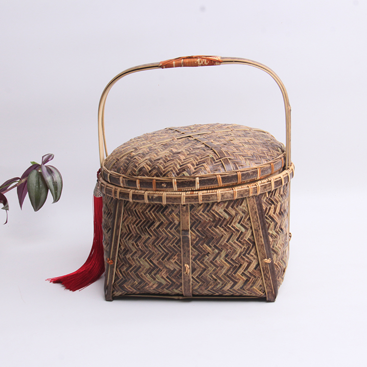 天然竹編 時代物 茶道具 着物 和風 提籃籠 竹編籠 竹編籃 持ち手古竹細工 バッグ 美術品 古民具 煎茶道具 手提げバッグ 竹細工 ZBLB2  手工竹編提籃復古竹籃竹筐帶蓋茶道竹籠食盒浙江竹編竹籃