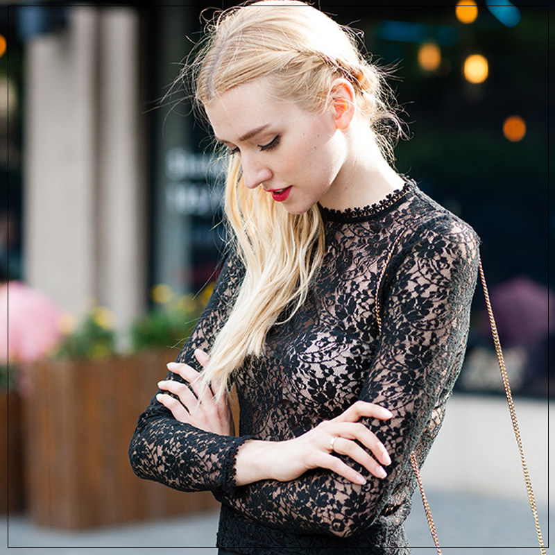 奢美 高端定制 韩国进口蕾丝性感长袖黑色蕾丝镂空长袖打底衫女