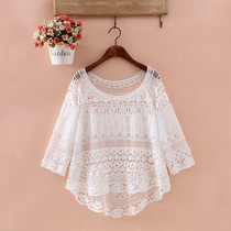  Lace blouse womens summer short hook flower hollow top large size fairy doll shirt sundress with small shawl outside