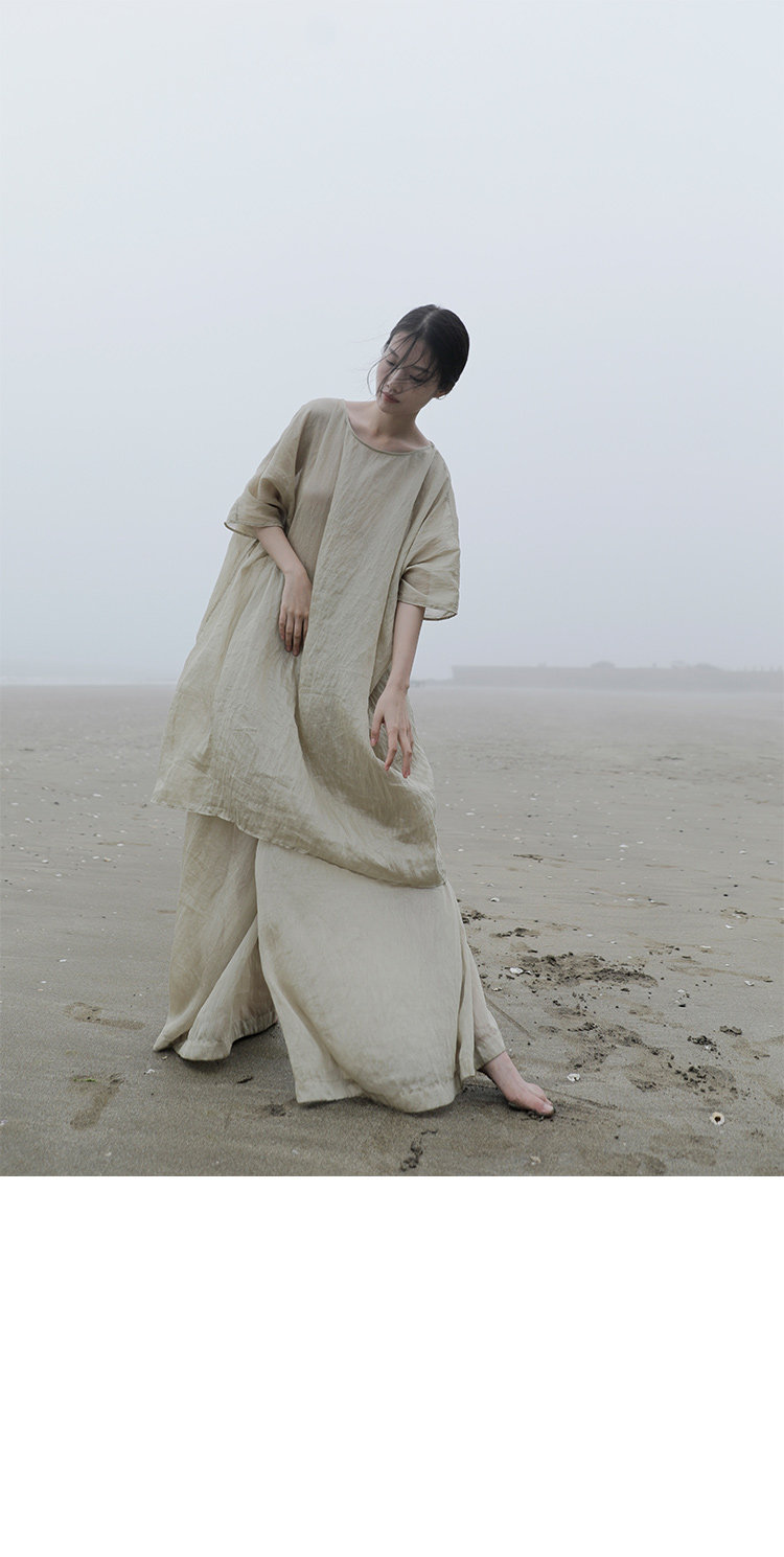 天丝亚麻褶皱设计感小众上衣罩衫女中长款宽松上衣国风改良长袍春