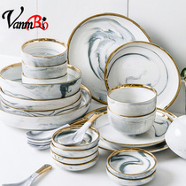 Light luxury gold-edged dishes set home marble Japanese tableware new creative plate ins style gift box set