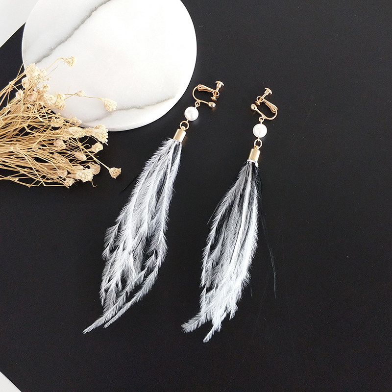 气质超仙飘逸黑白混搭鸵鸟天然羽毛长款耳环耳坠无耳洞耳夹女耳饰