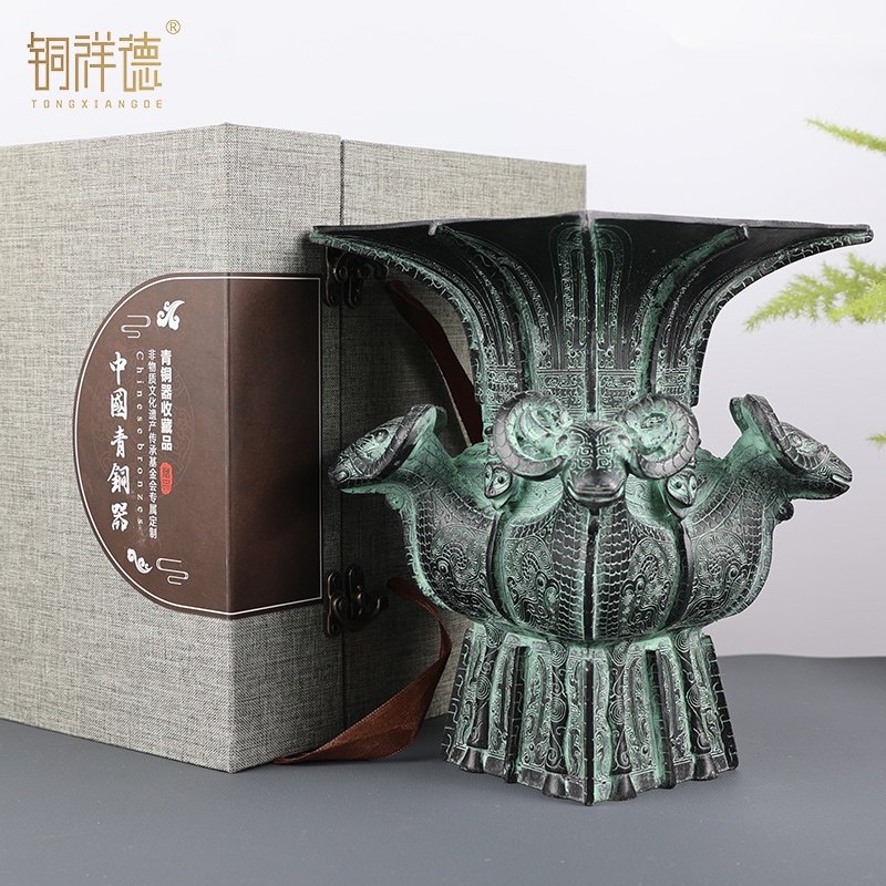 青銅器古擺件四羊方尊酒尊酒器古玩銅工藝品擺飾做舊廠家直銷