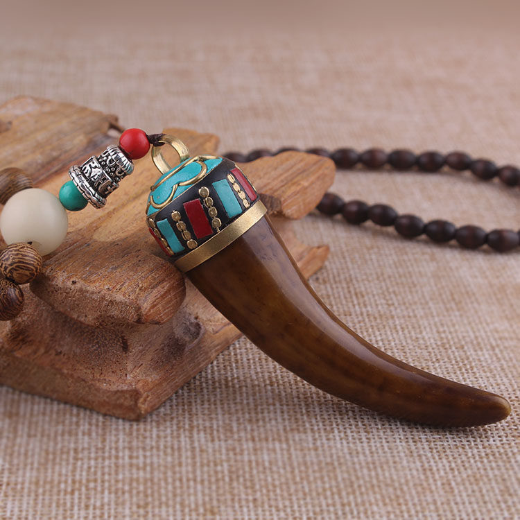 原创民族风尼泊尔手工饰品牛角吊坠个性项链毛衣链长款 百搭配饰