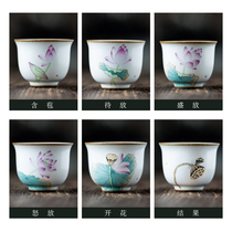 Full hand-painted lotus tea cup tea cup Master Cup ceramic cup kung fu small tea cup bowl tea set Ru kiln open film can be raised