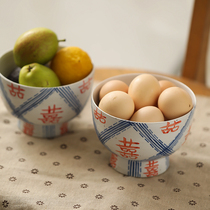 Jingdezhen original rough pottery retro style hand-painted double happy Chinese salad bowl fruit bowl breakfast noodle bowl tableware plate