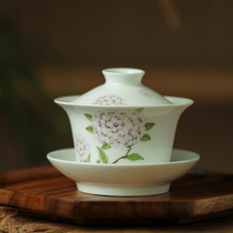 Xincai Sanchai Bowl Tea Cup Large Jingdezhen Ceramic Tea Set Jade Mud Hand-painted Hydrangea Tea Bowl