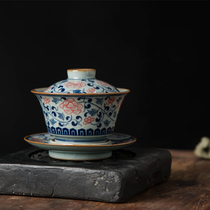 Blue and white hand-painted peony wood kiln retro three-style bowl antique large old mud open piece Kung Fu Tea Bowl