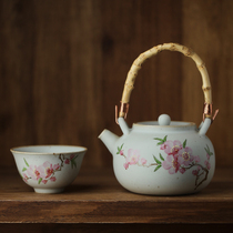 Hand-painted peach blossom hydrangea quaint and rough pottery kung fu tea set large lifting beam teapot home teapot