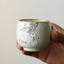 Jingdezhen original Ru kiln open piece hand-painted hydrangea rabbit cute small round Cup Kung Fu Tea Tea Tea Master Cup