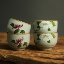 Non-fan pure hand-painted flowers quaint white tea cup ceramic master Cup kung fu tea set coarse pottery single Cup