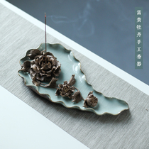 Original Zen ceramic handmade Peony Lotus incense burner three-hole line incense back incense Tox incense Tox incense seat incense plate