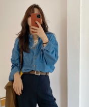Berry like you and happy big Pang custom retro thin long sleeve top with blue denim shirt female