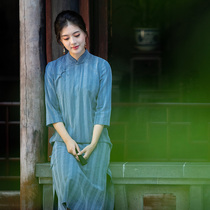 Zhus original (Xiaowu) autumn dress jacquard striped cotton linen improvement Chinese qipao upright collar art and dress dress