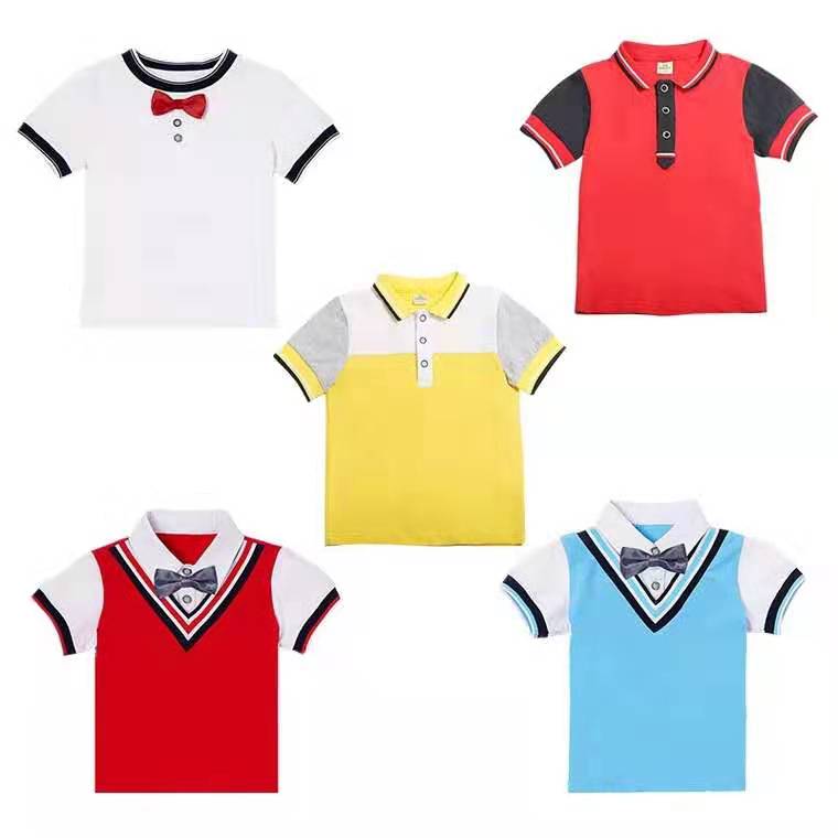 Kindergarten uniform one-piece short-sleeved cotton red white blue top children's class uniform bottoming short T British sports style