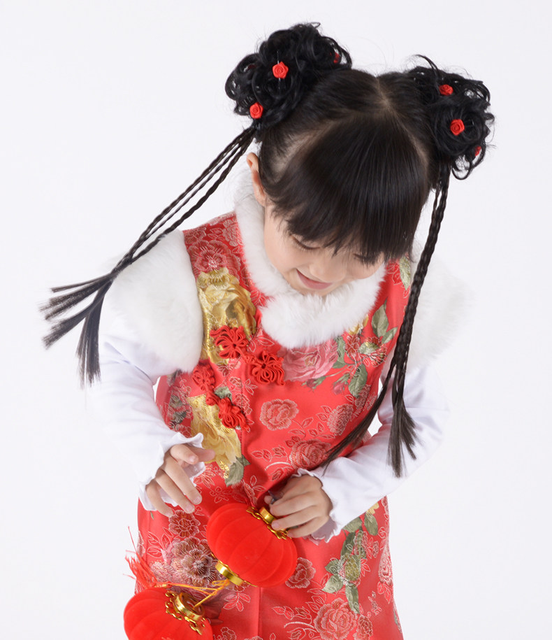 儿童假发女童头饰卷发小孩新年唐装假发头饰节日配饰丸子头一对价