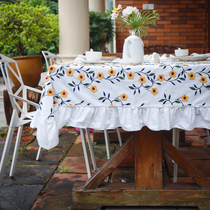 Tablecloth waterproof and oil-proof MISS PEONY American pastoral pleated ruffle embroidered long Round Table coffee table tablecloth