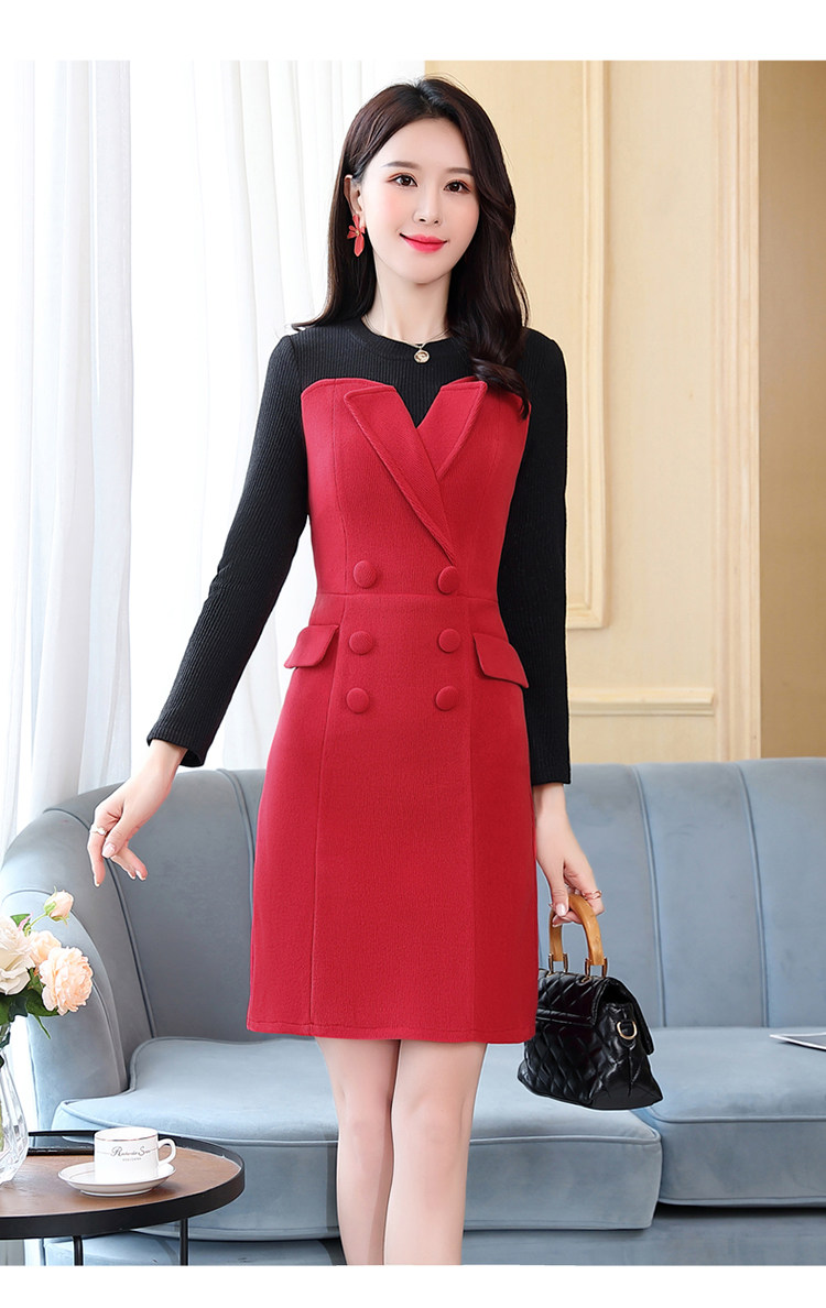 2021年秋冬季时尚收腰显瘦小翻领双排扣拼接色连衣裙长袖 p170