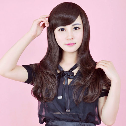 秀亿假发女真发中长卷发时尚女微卷斜刘海真人发丝妈妈假发_7折现价