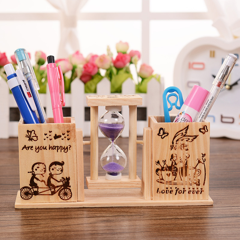 創意筆筒沙漏計時器擺件木質送男生同學兒童卡通可愛生日禮物個性
