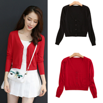 Knitted cardigan womens short spring and autumn open breast top Joker thin sweater red black little coat with skirt
