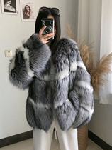 Imported full fur fur coat female middle long winter coat young silver fox collided white fox small